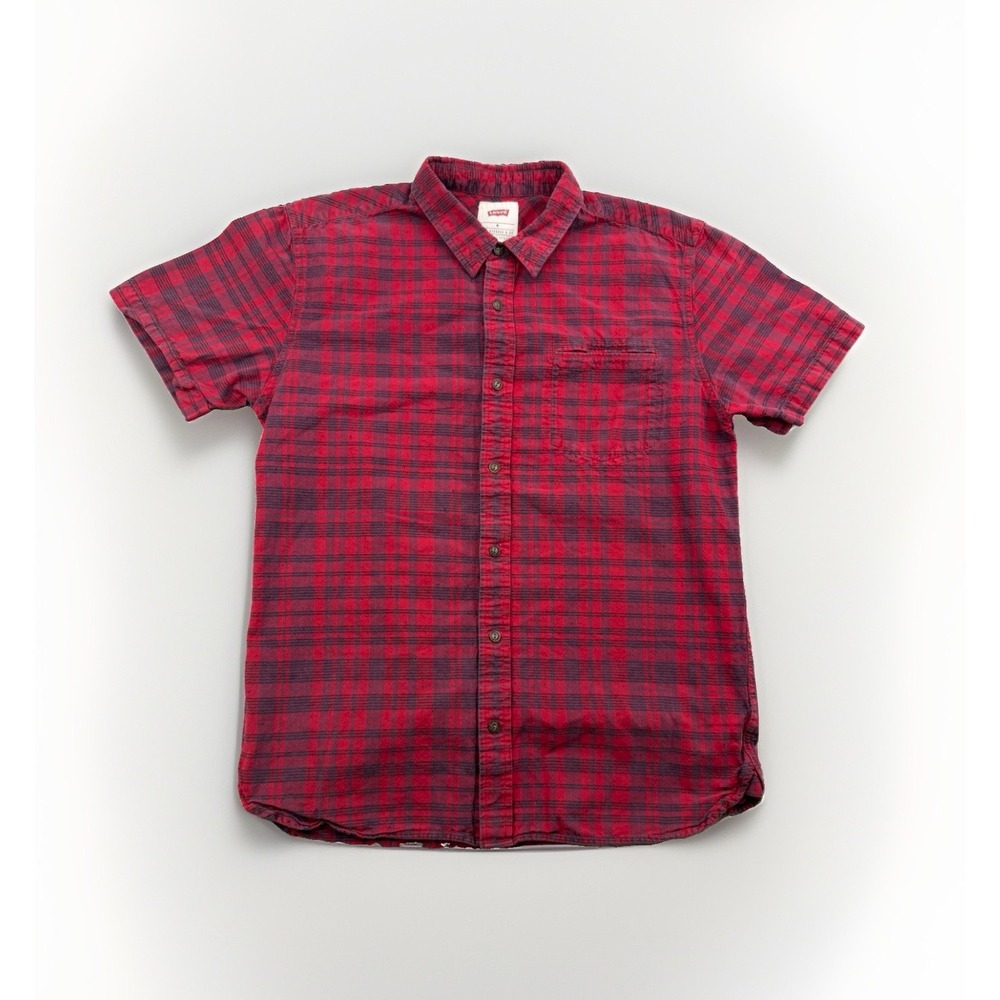 Levis Mens Size Medium Button Up Plaid Cotton Polyester Red Camisa Short Sleeve
